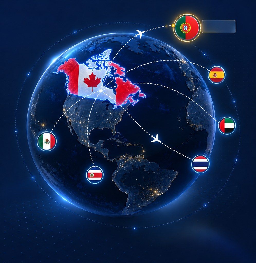 Flight paths from Canada to Portugal, Spain, the UAE, Thailand, Costa Rica and Mexico